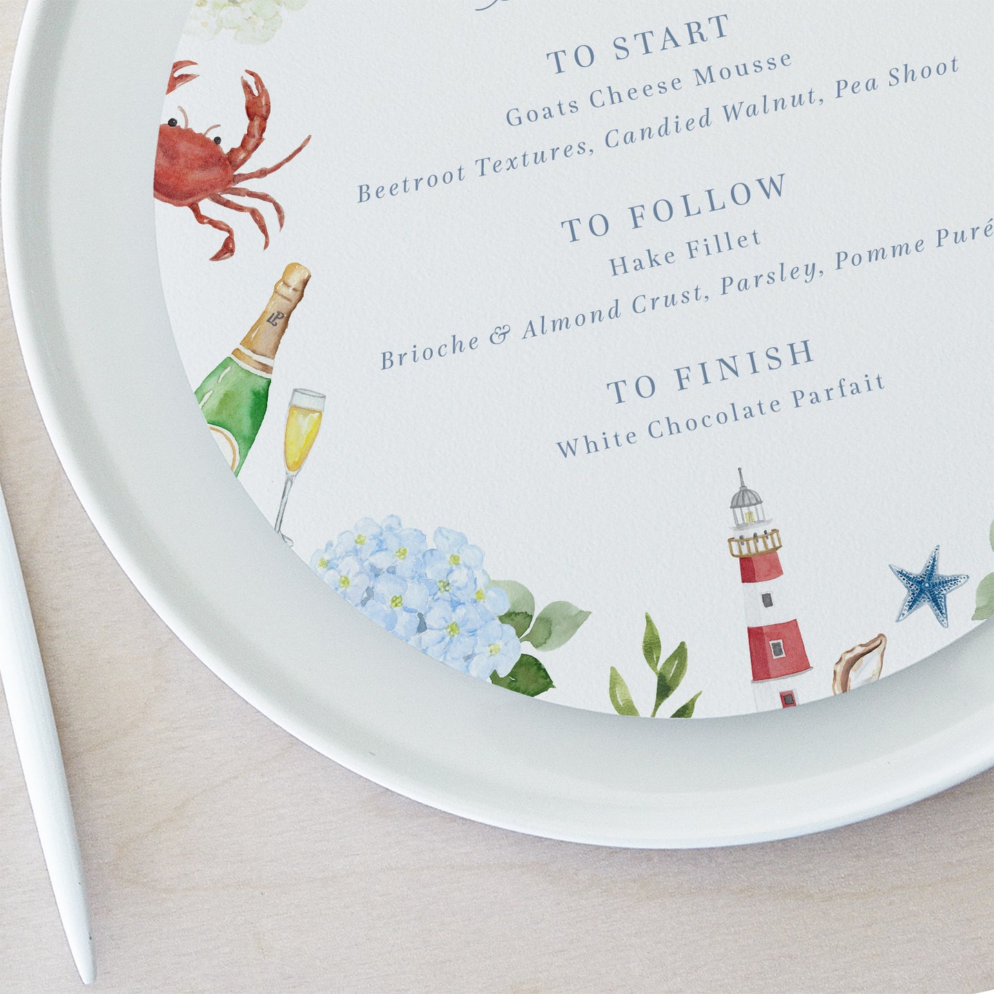 Coastal wedding menu circle shape with lobsters and hydrangeas